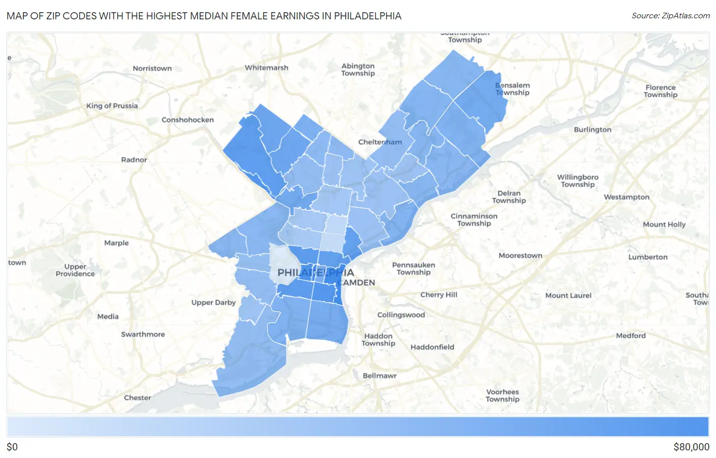Zip Codes with the Highest Median Female Earnings in Philadelphia Map
