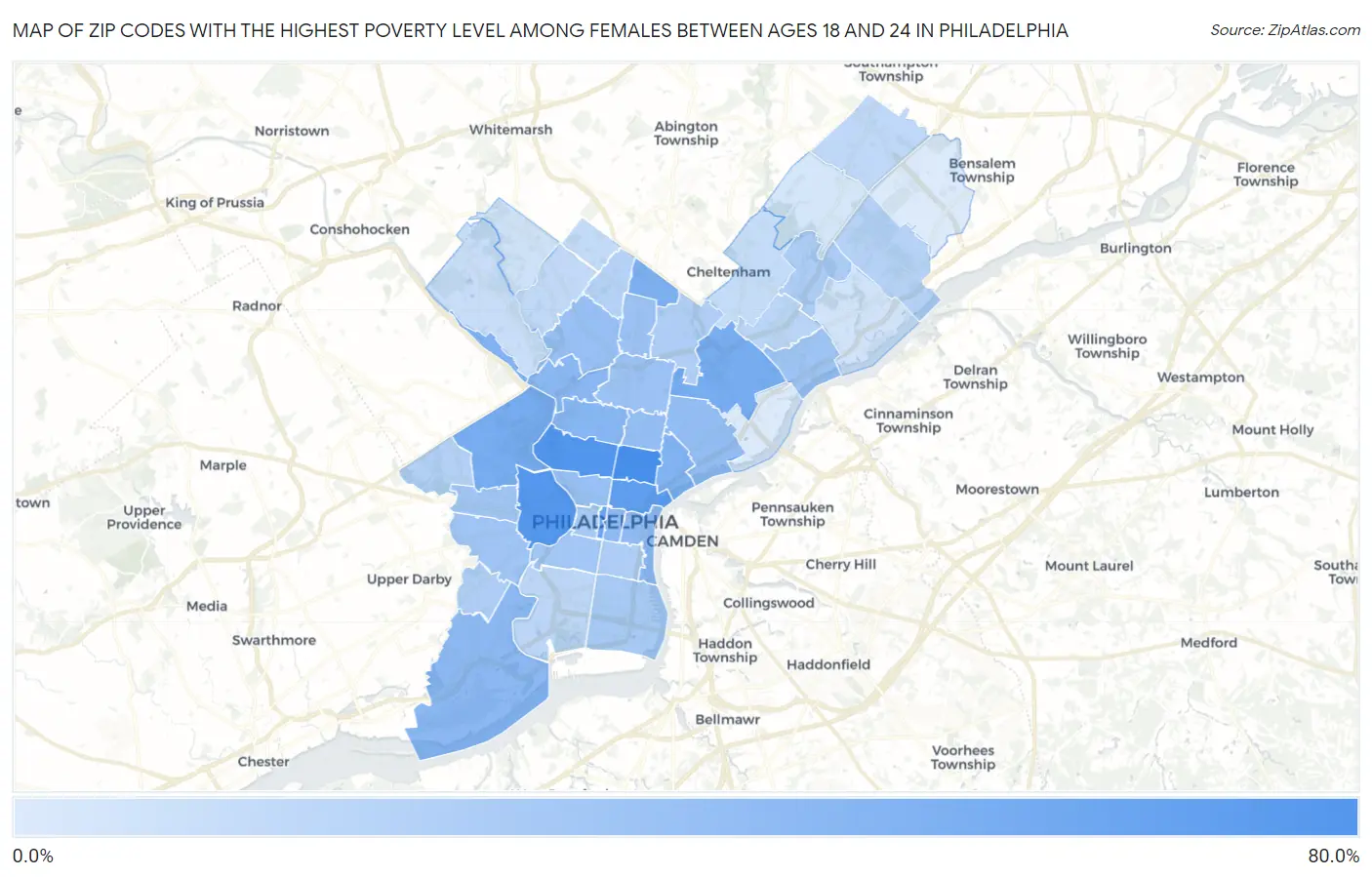 Zip Codes with the Highest Poverty Level Among Females Between Ages 18 and 24 in Philadelphia Map