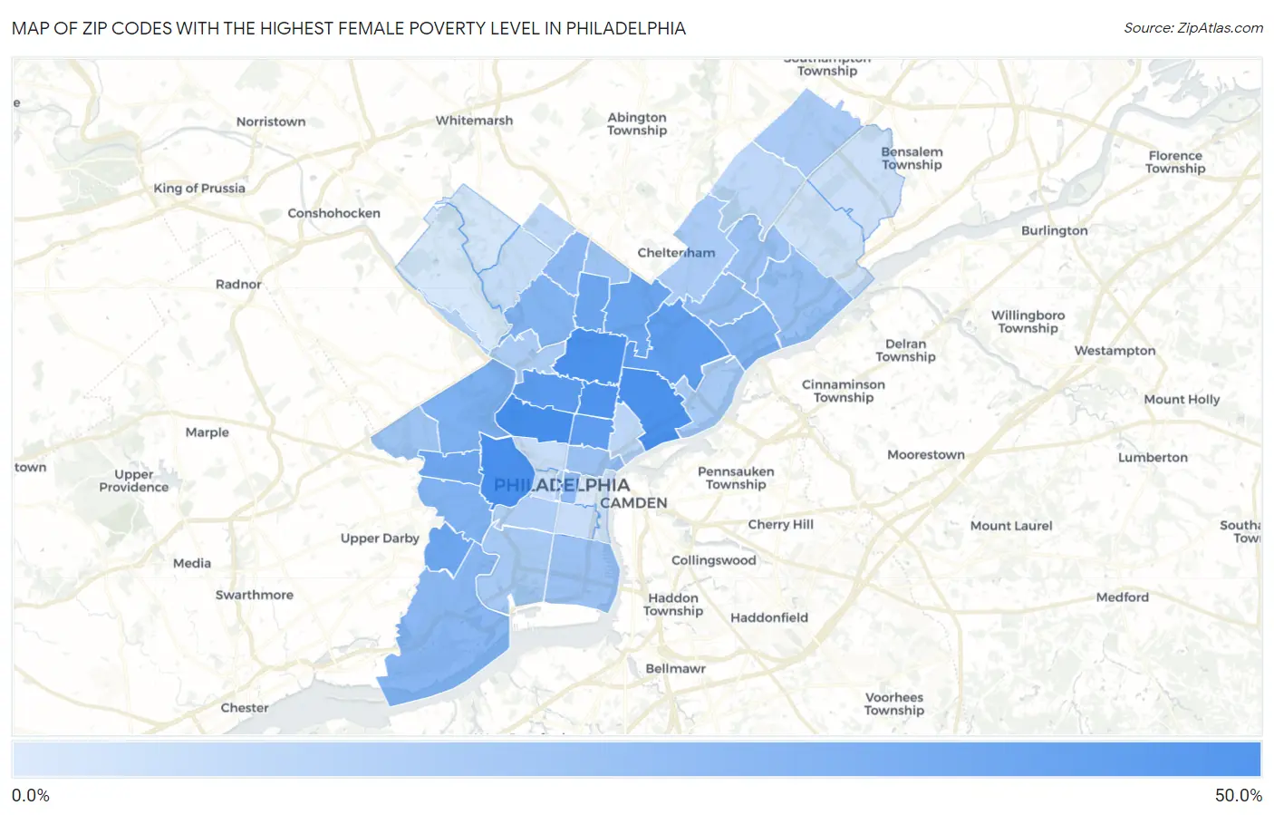 Zip Codes with the Highest Female Poverty Level in Philadelphia Map