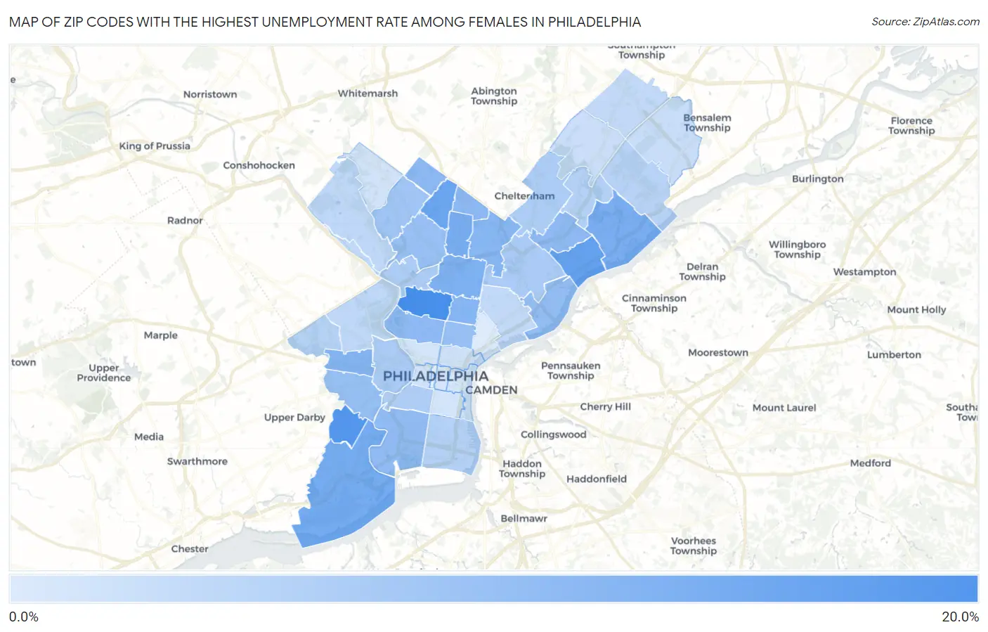 Zip Codes with the Highest Unemployment Rate Among Females in Philadelphia Map