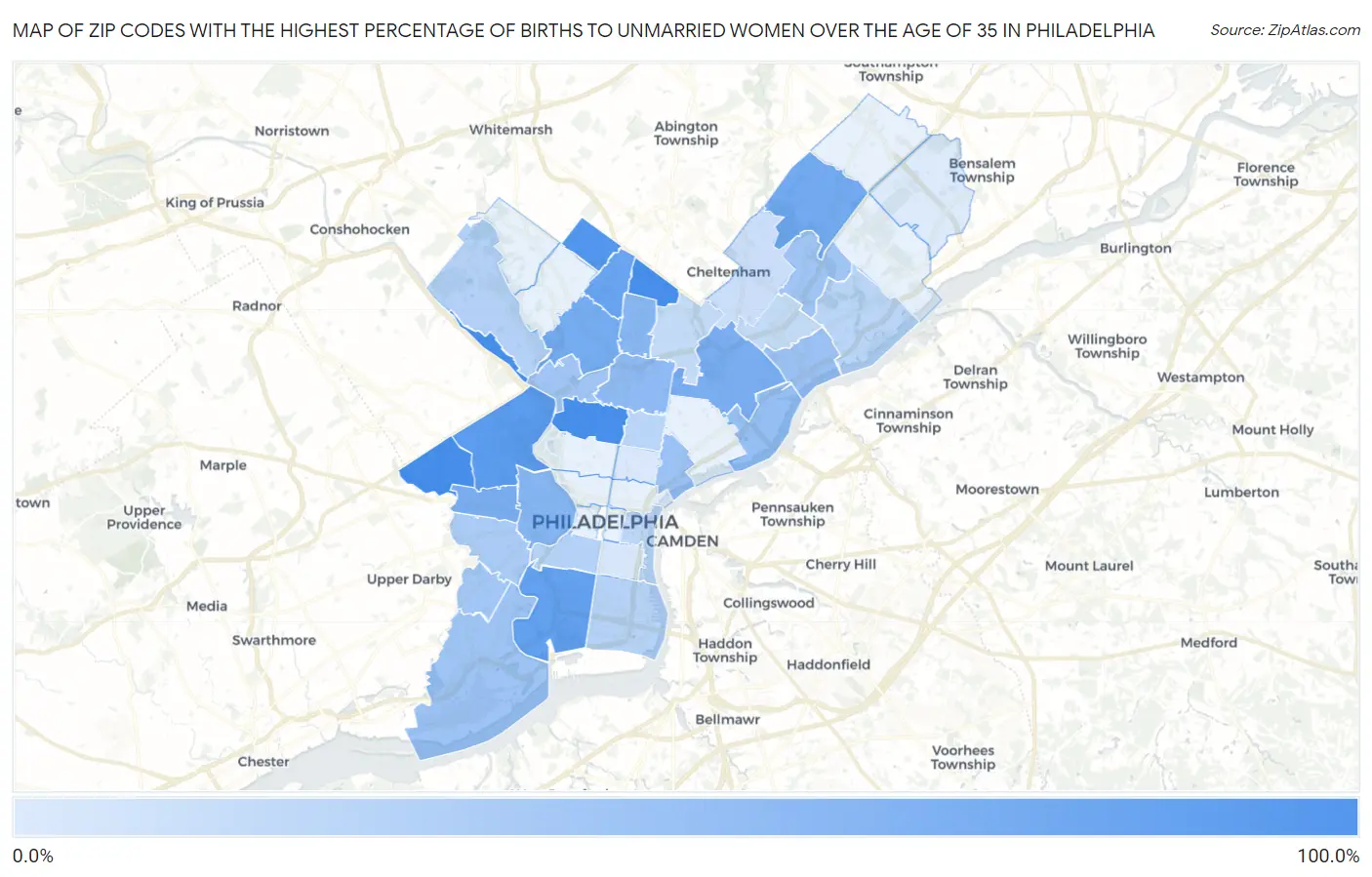 Zip Codes with the Highest Percentage of Births to Unmarried Women over the Age of 35 in Philadelphia Map