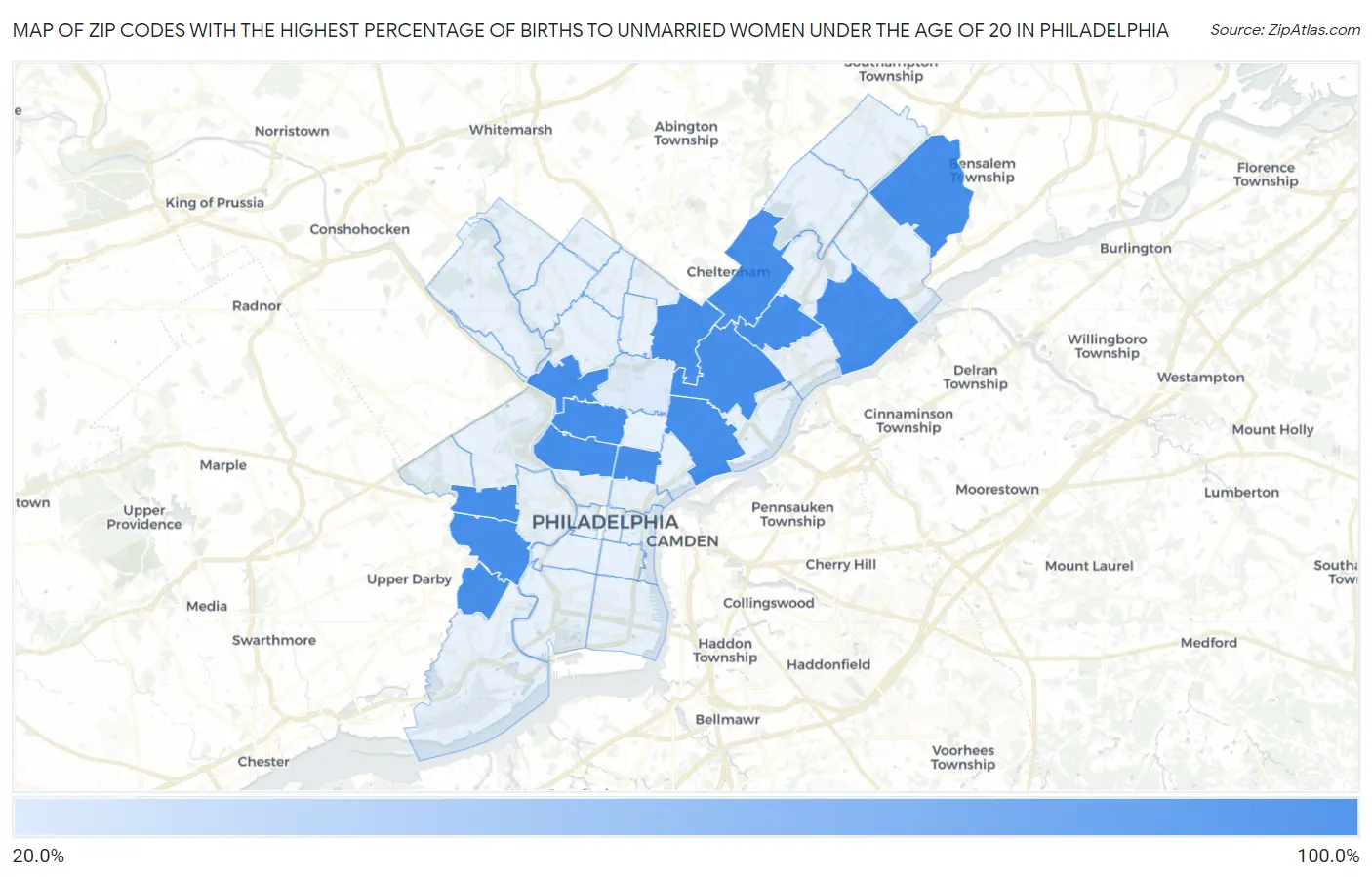 Zip Codes with the Highest Percentage of Births to Unmarried Women under the Age of 20 in Philadelphia Map