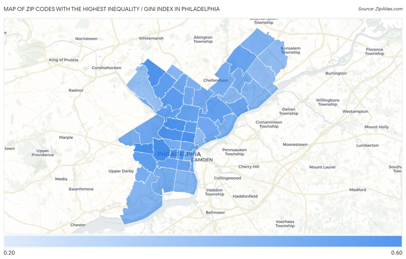 Zip Codes with the Highest Inequality / Gini Index in Philadelphia Map