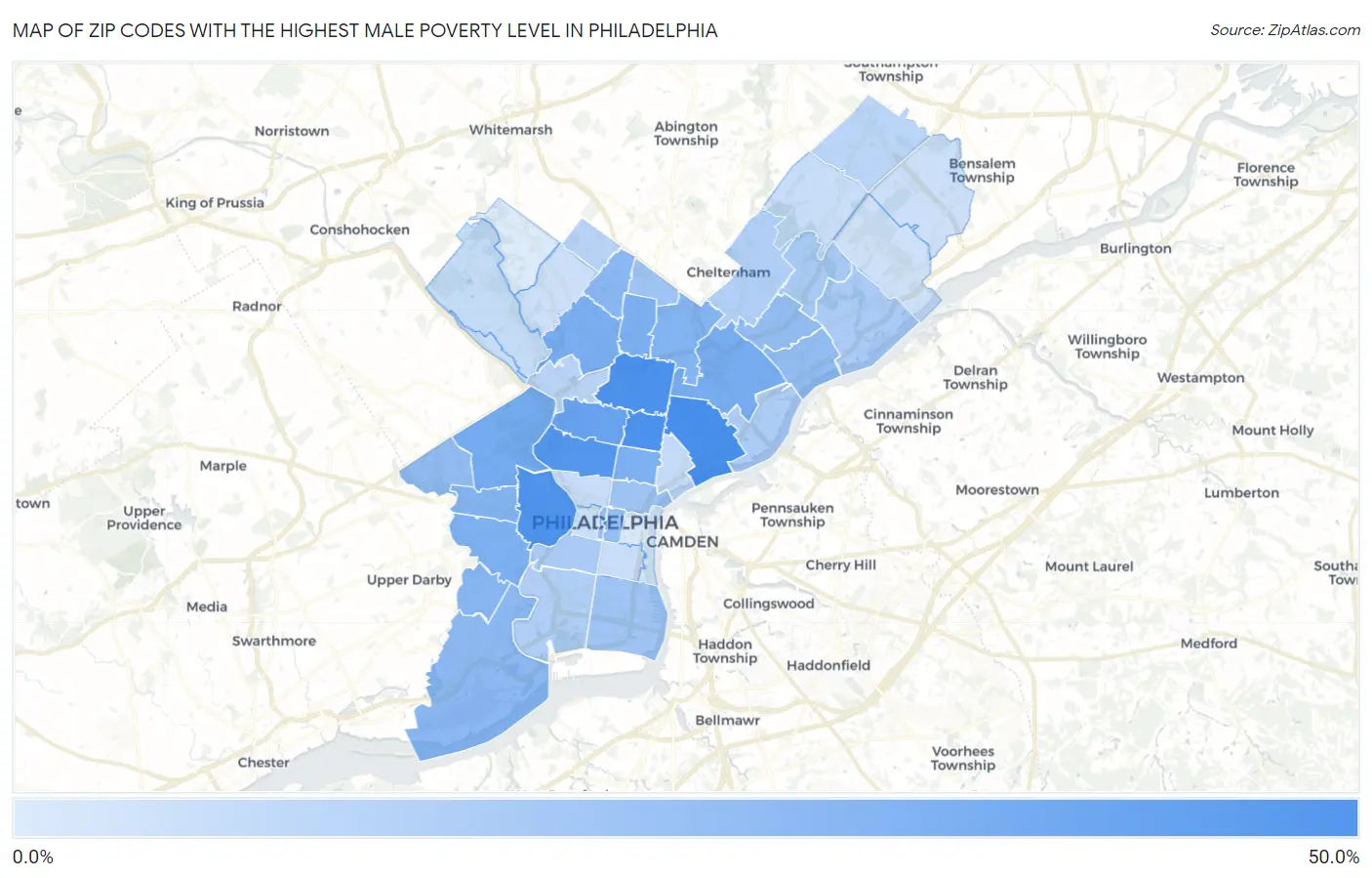 Zip Codes with the Highest Male Poverty Level in Philadelphia Map