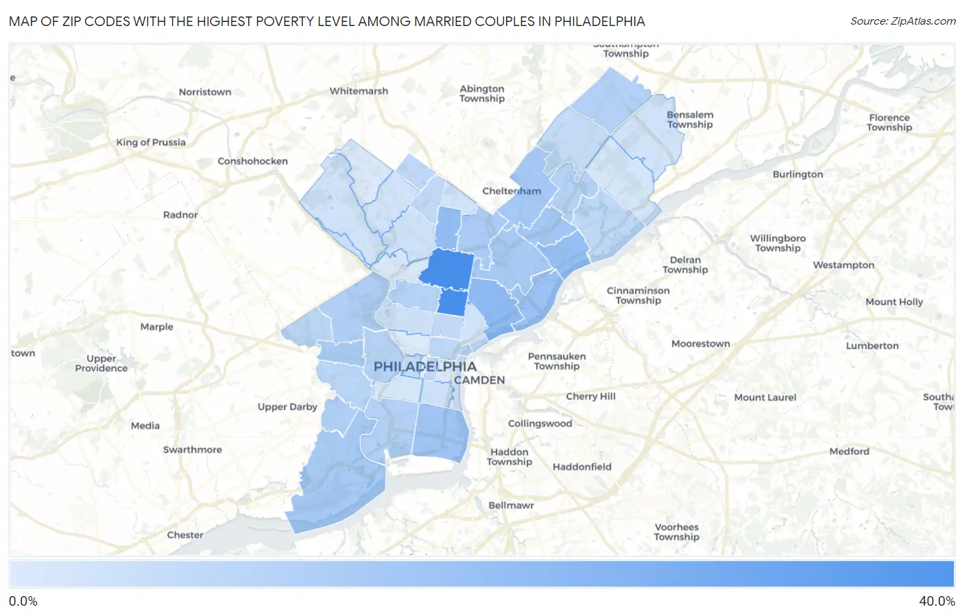 Zip Codes with the Highest Poverty Level Among Married Couples in Philadelphia Map