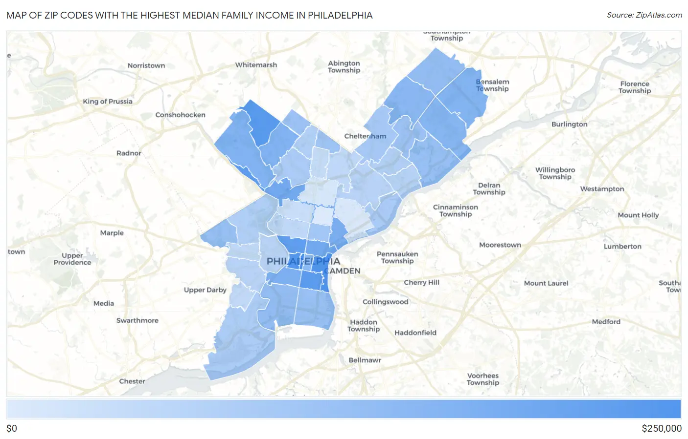 Zip Codes with the Highest Median Family Income in Philadelphia Map