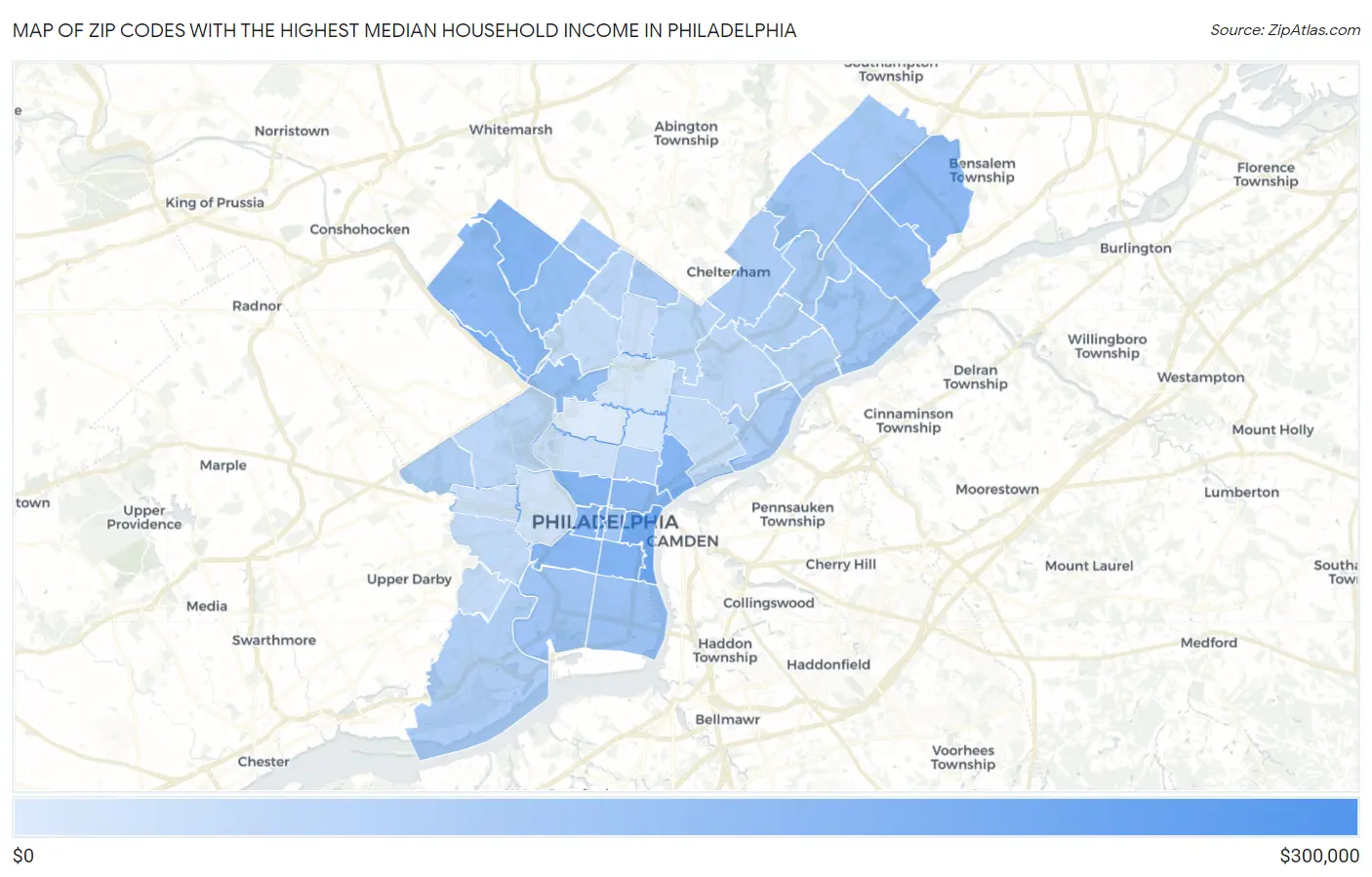 Zip Codes with the Highest Median Household Income in Philadelphia Map