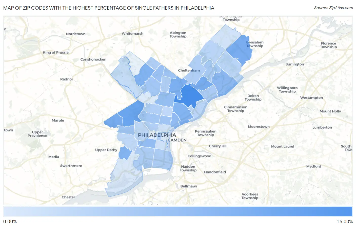 Zip Codes with the Highest Percentage of Single Fathers in Philadelphia Map