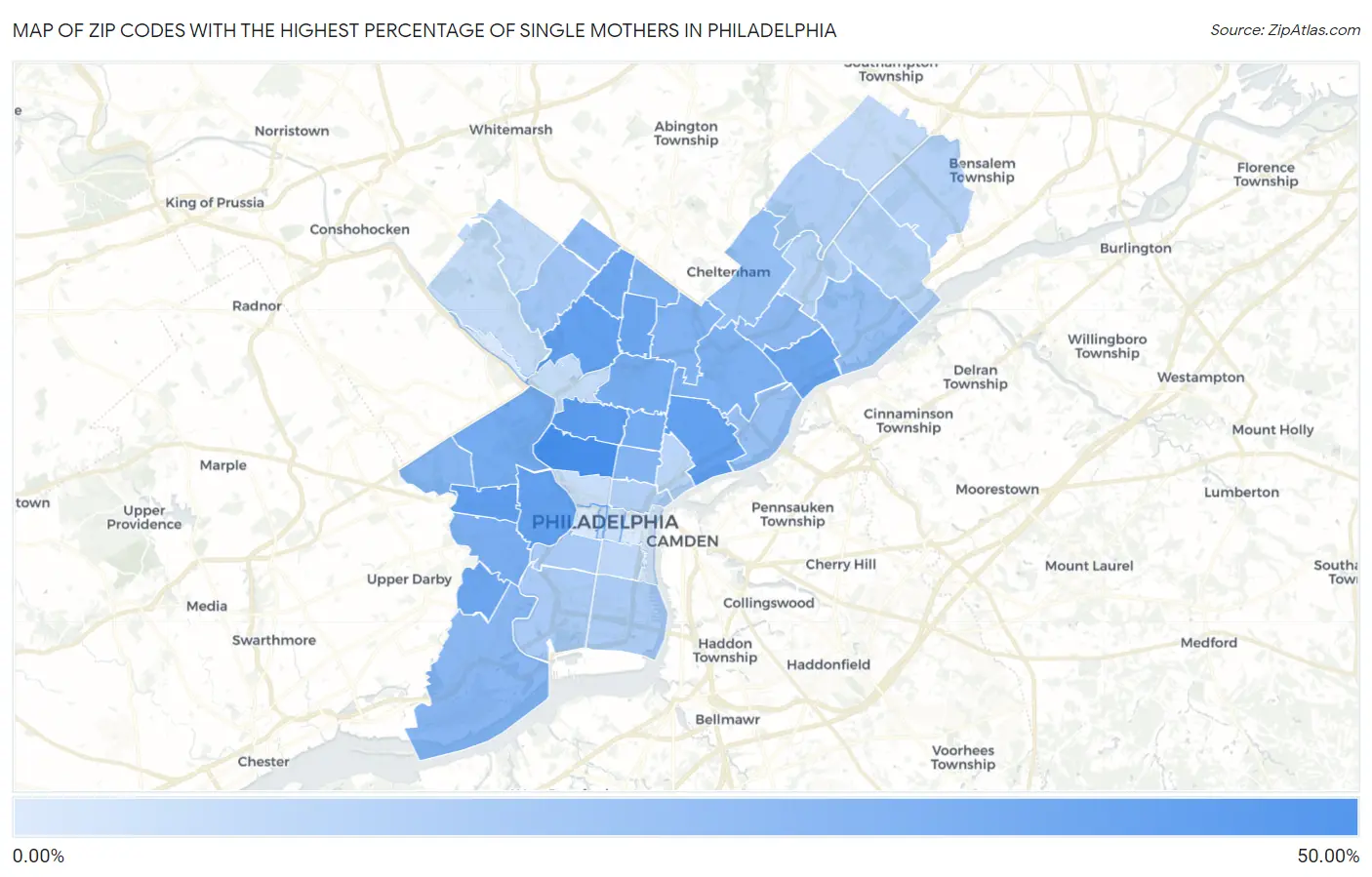 Zip Codes with the Highest Percentage of Single Mothers in Philadelphia Map