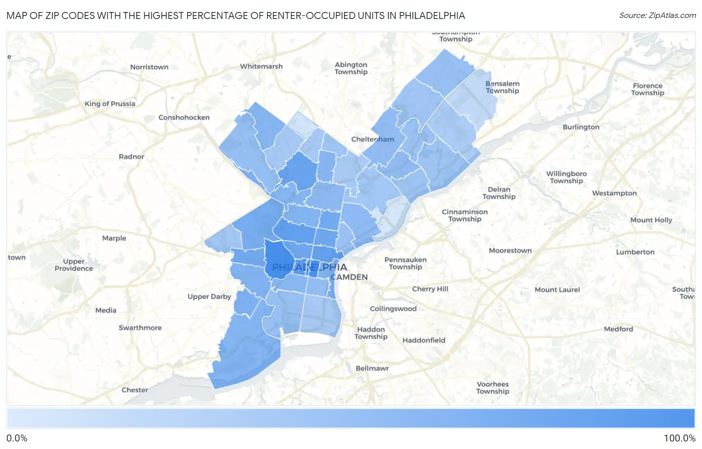 Zip Codes with the Highest Percentage of Renter-Occupied Units in Philadelphia Map