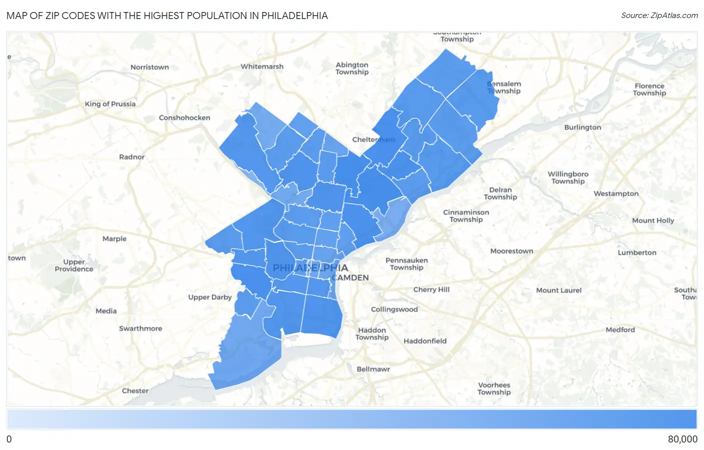 Zip Codes with the Highest Population in Philadelphia Map