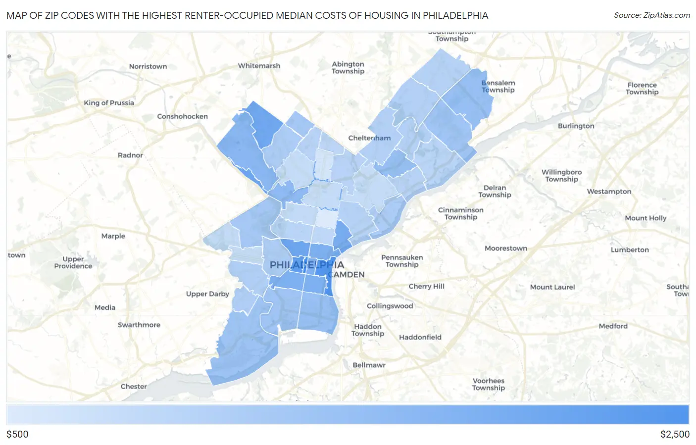 Zip Codes with the Highest Renter-Occupied Median Costs of Housing in Philadelphia Map