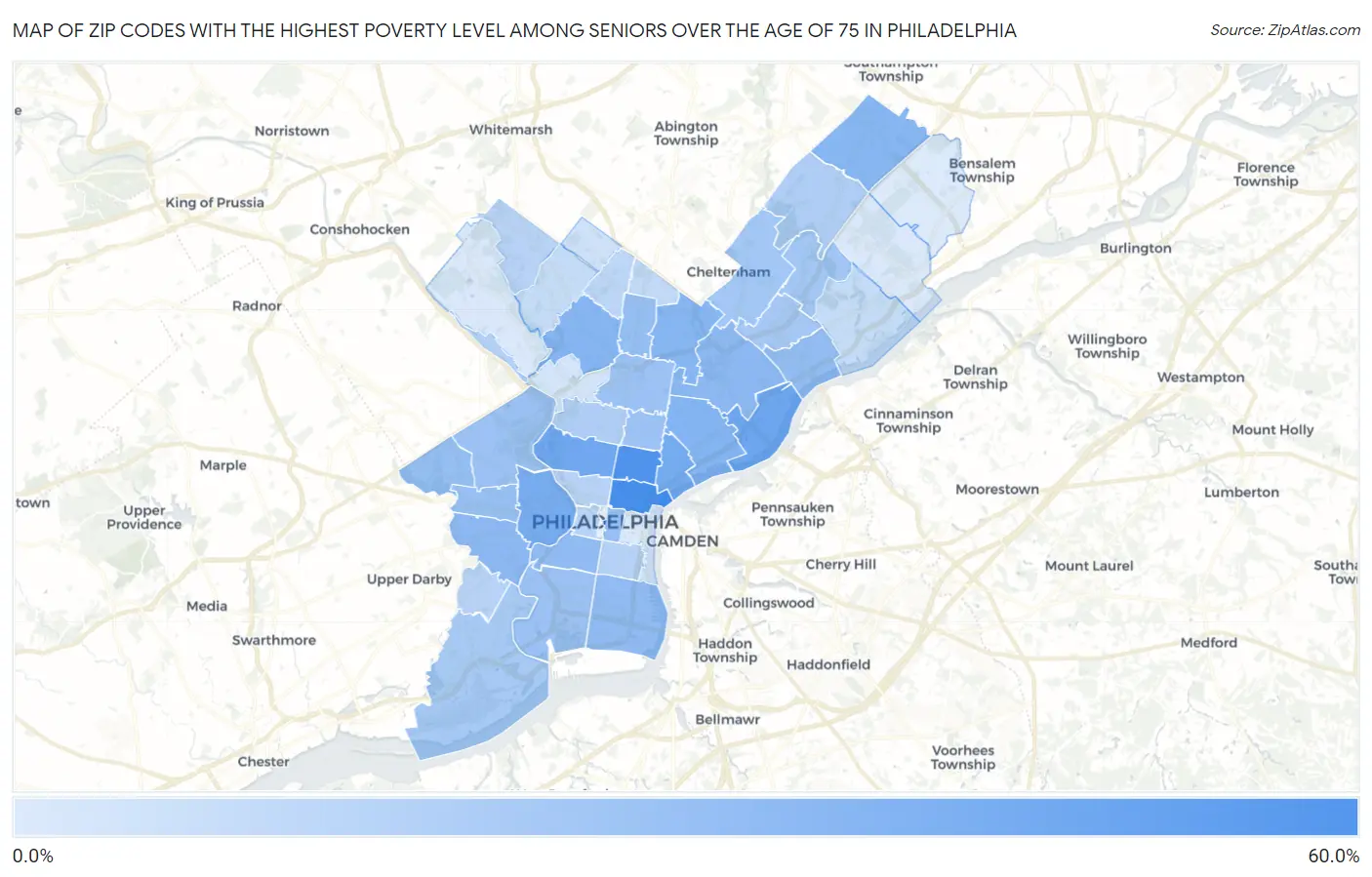 Zip Codes with the Highest Poverty Level Among Seniors Over the Age of 75 in Philadelphia Map