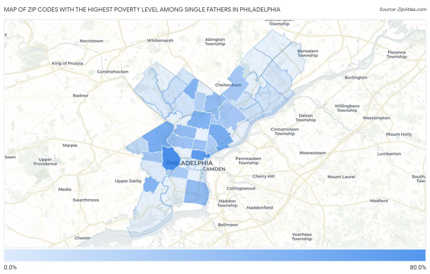 Zip Codes with the Highest Poverty Level Among Single Fathers in Philadelphia Map