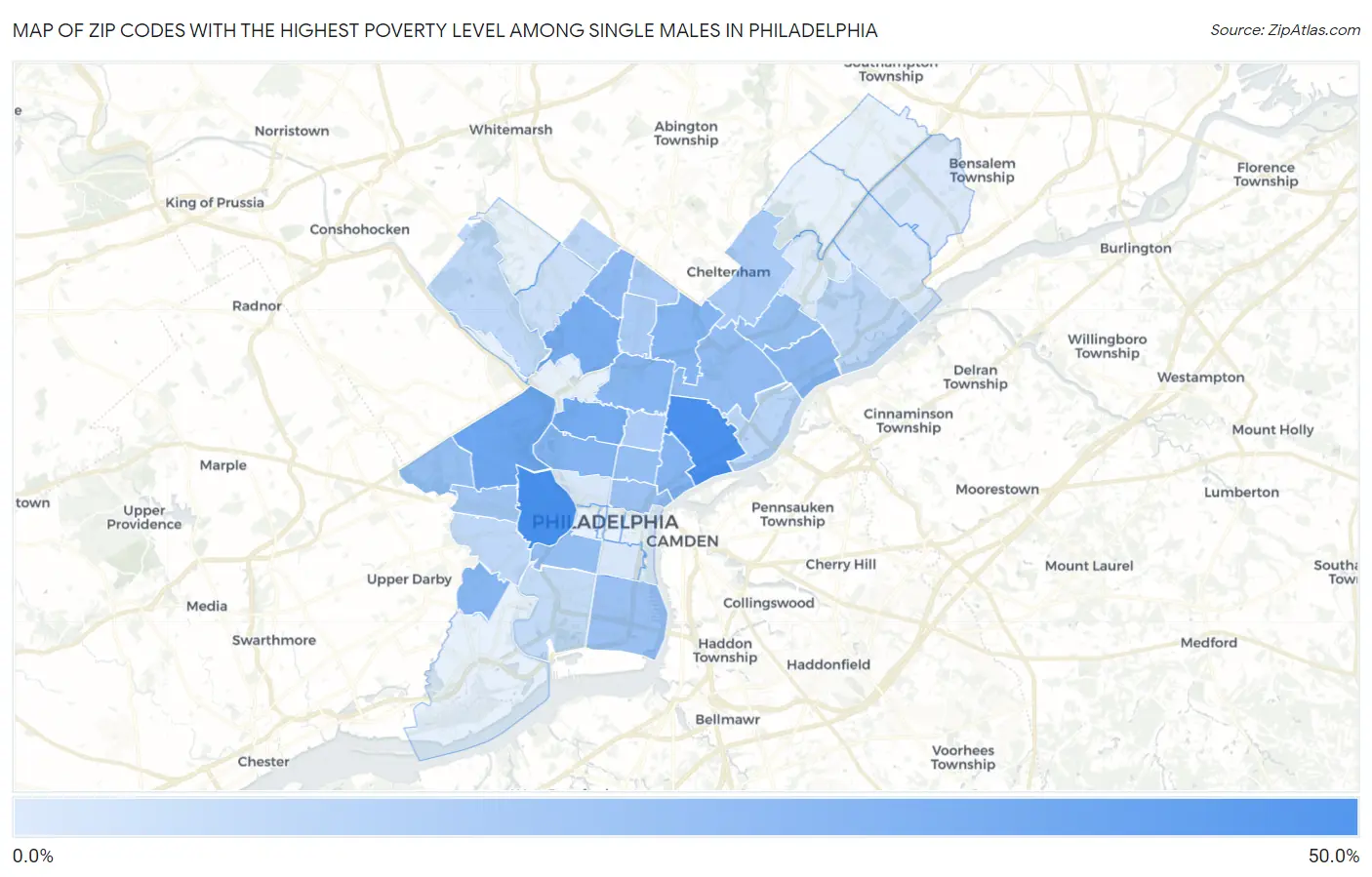 Zip Codes with the Highest Poverty Level Among Single Males in Philadelphia Map