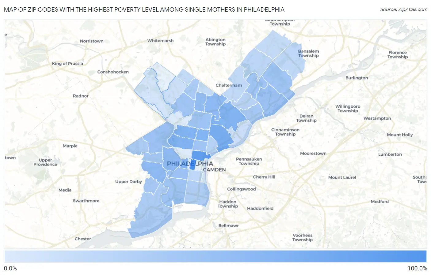 Zip Codes with the Highest Poverty Level Among Single Mothers in Philadelphia Map