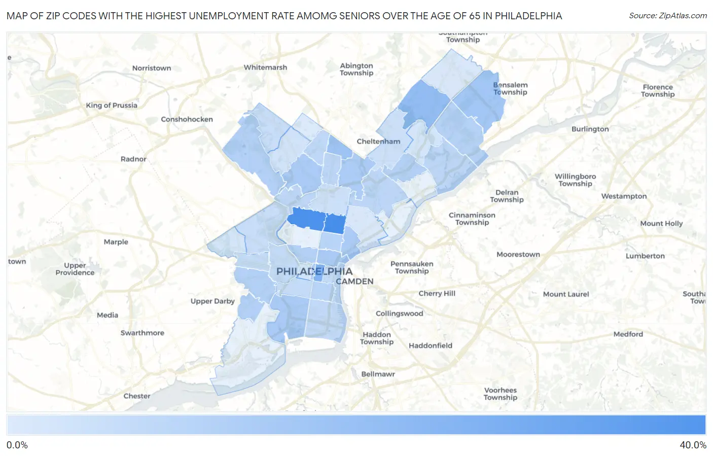 Zip Codes with the Highest Unemployment Rate Amomg Seniors Over the Age of 65 in Philadelphia Map