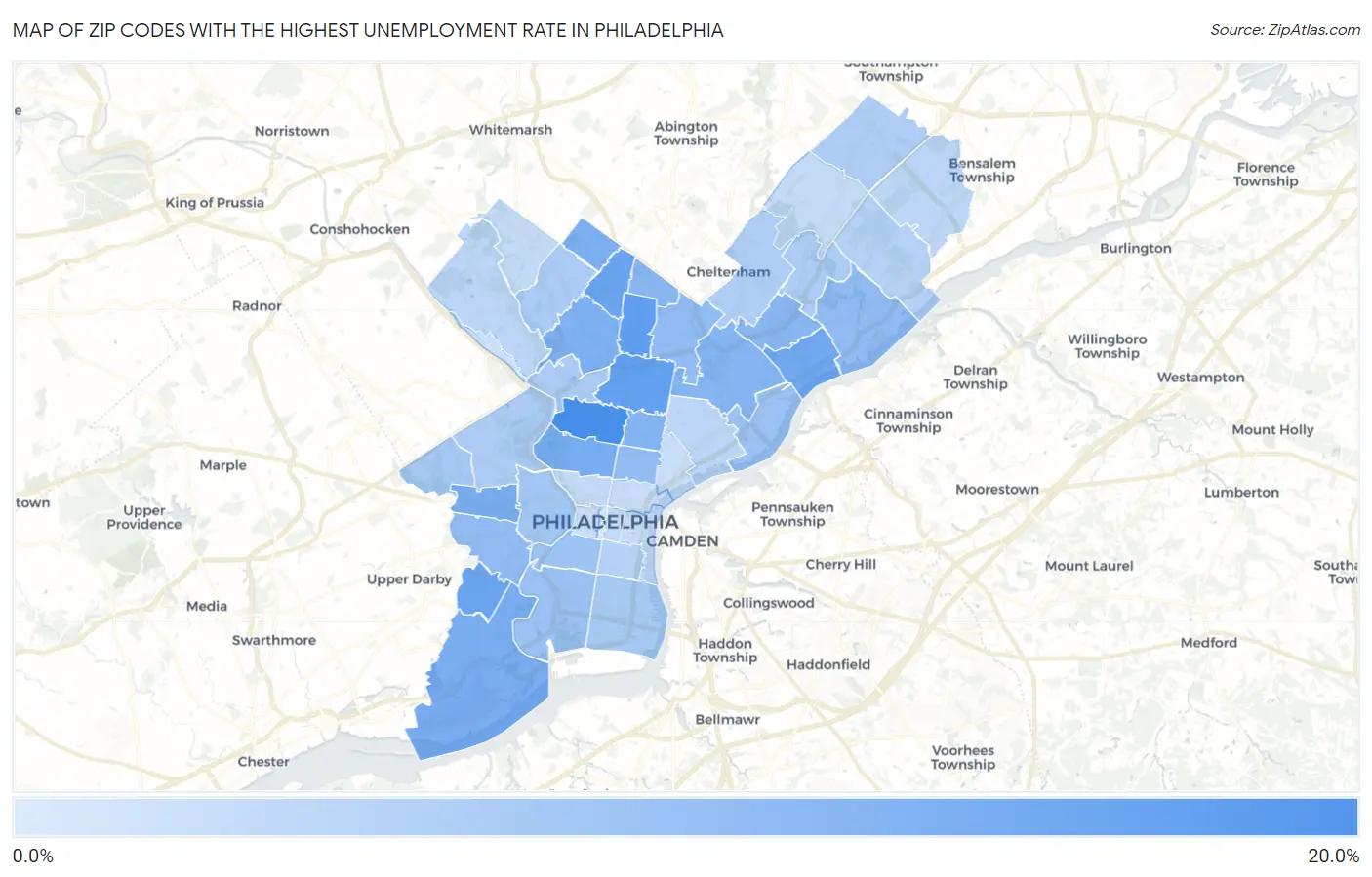 Zip Codes with the Highest Unemployment Rate in Philadelphia Map
