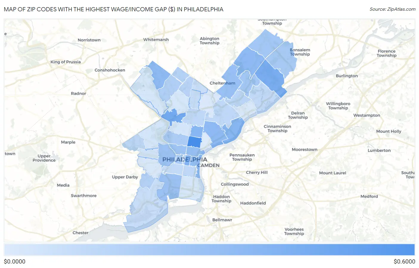 Zip Codes with the Highest Wage/Income Gap ($) in Philadelphia Map
