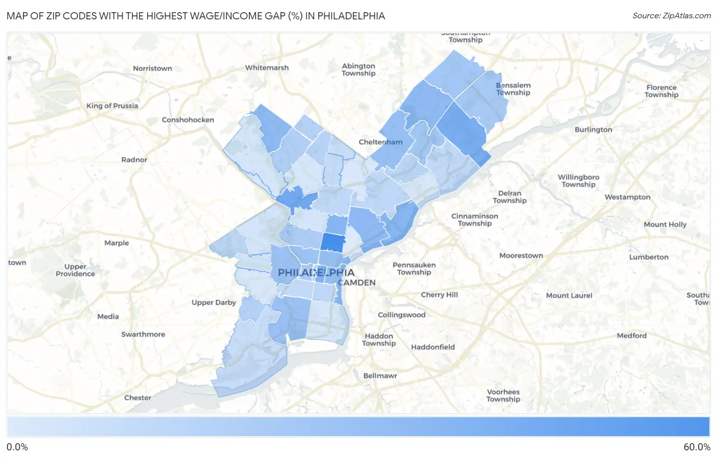 Zip Codes with the Highest Wage/Income Gap (%) in Philadelphia Map