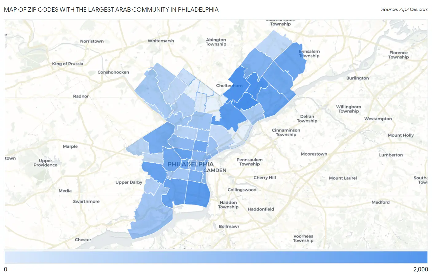 Zip Codes with the Largest Arab Community in Philadelphia Map