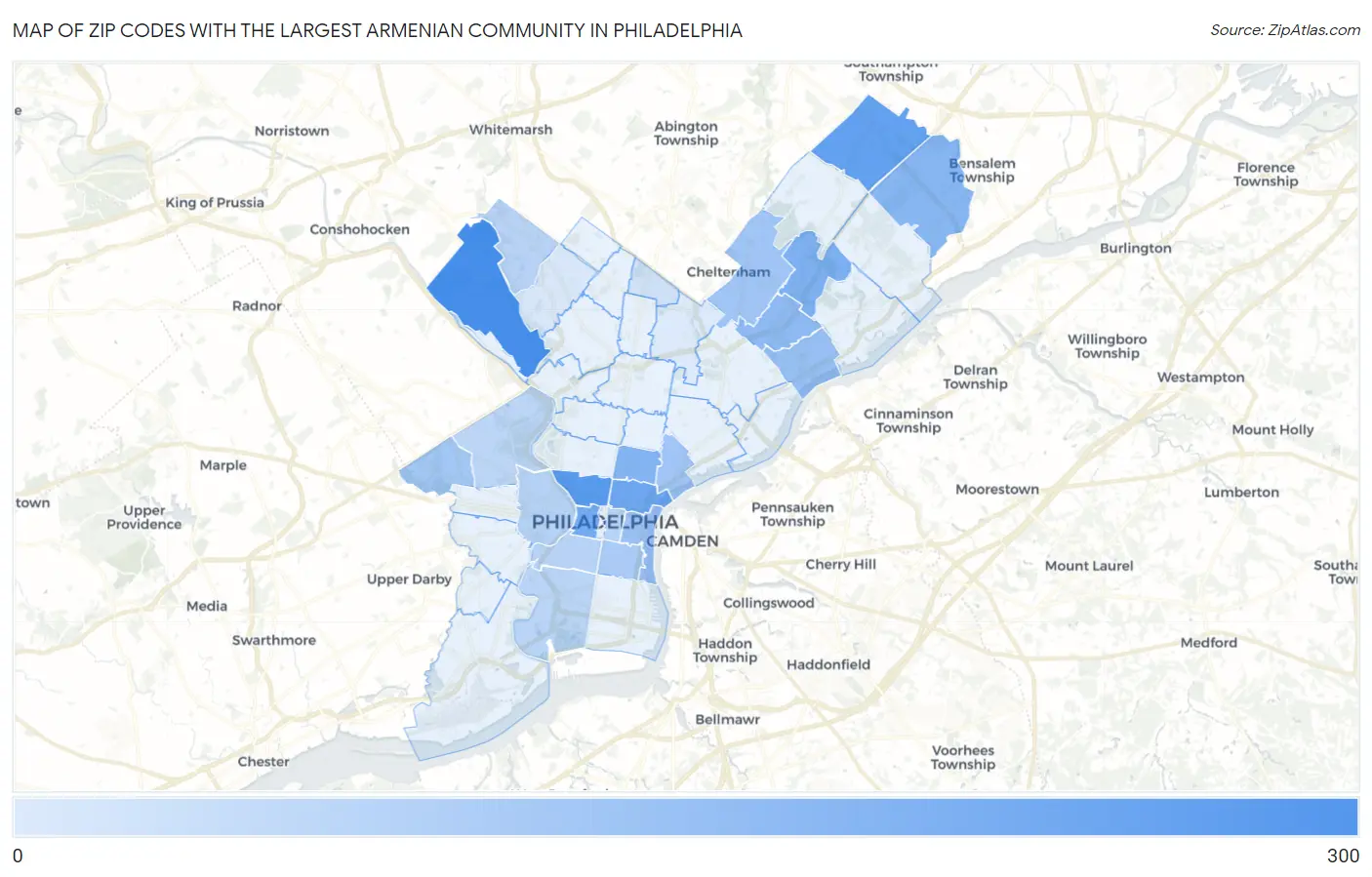 Zip Codes with the Largest Armenian Community in Philadelphia Map