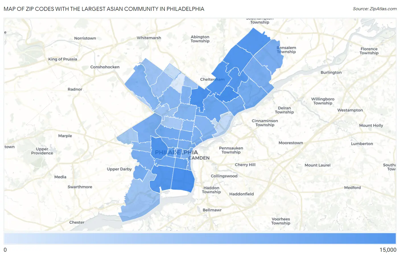 Zip Codes with the Largest Asian Community in Philadelphia Map