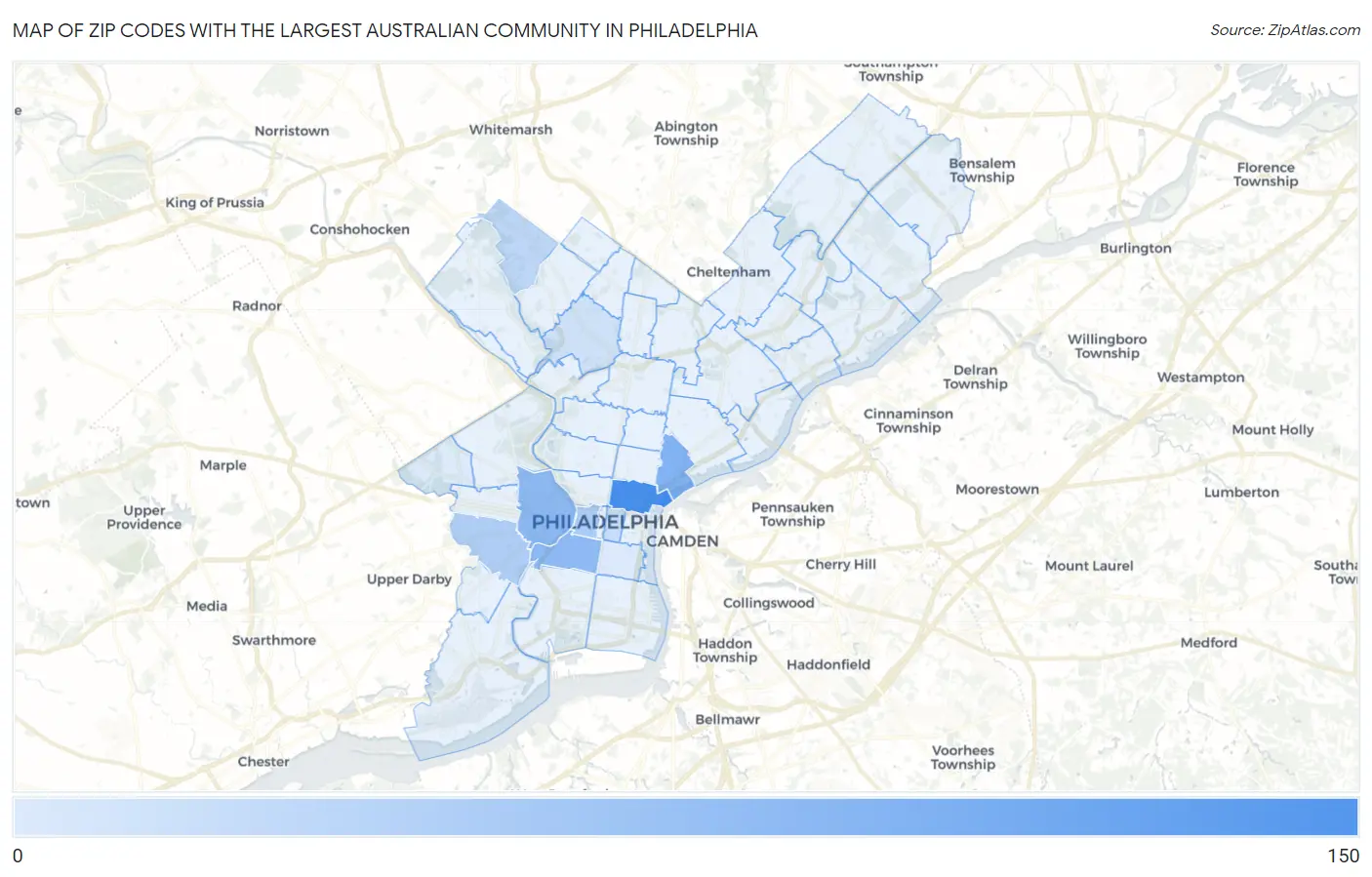 Zip Codes with the Largest Australian Community in Philadelphia Map
