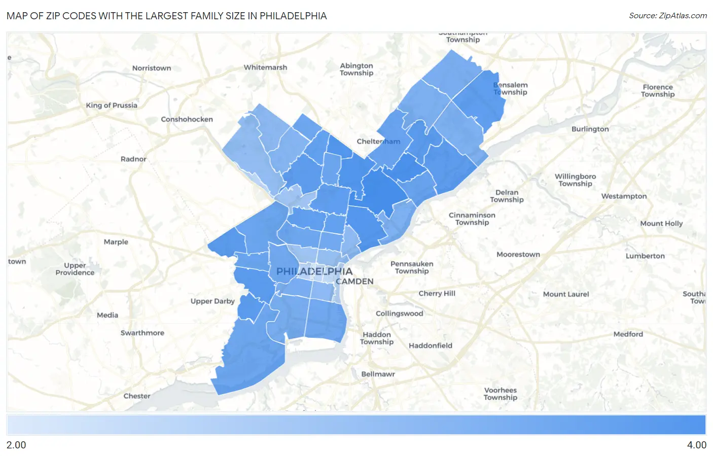 Zip Codes with the Largest Family Size in Philadelphia Map