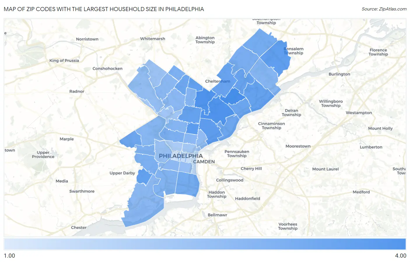 Zip Codes with the Largest Household Size in Philadelphia Map