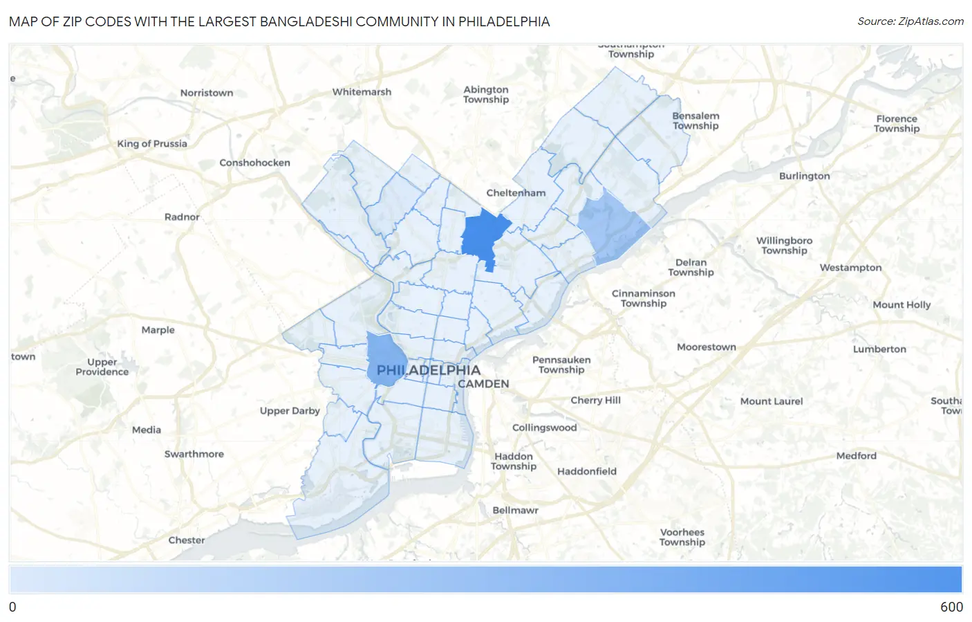 Zip Codes with the Largest Bangladeshi Community in Philadelphia Map