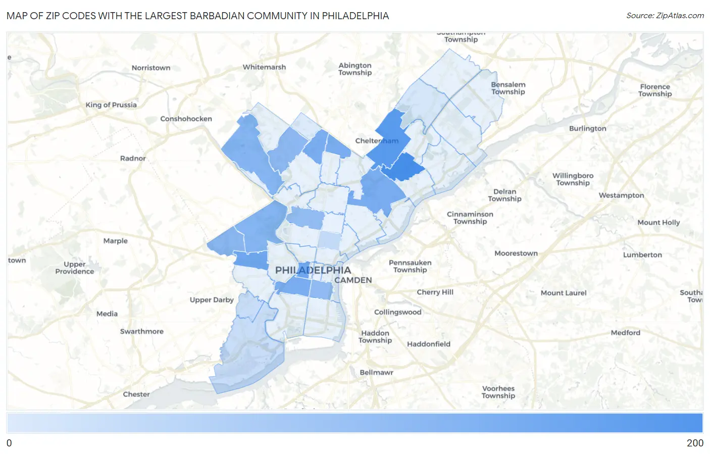Zip Codes with the Largest Barbadian Community in Philadelphia Map