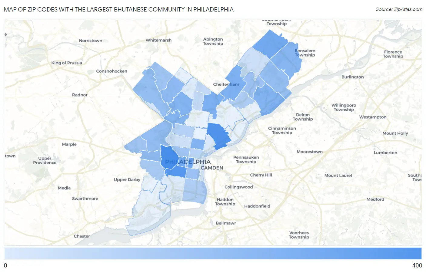 Zip Codes with the Largest Bhutanese Community in Philadelphia Map