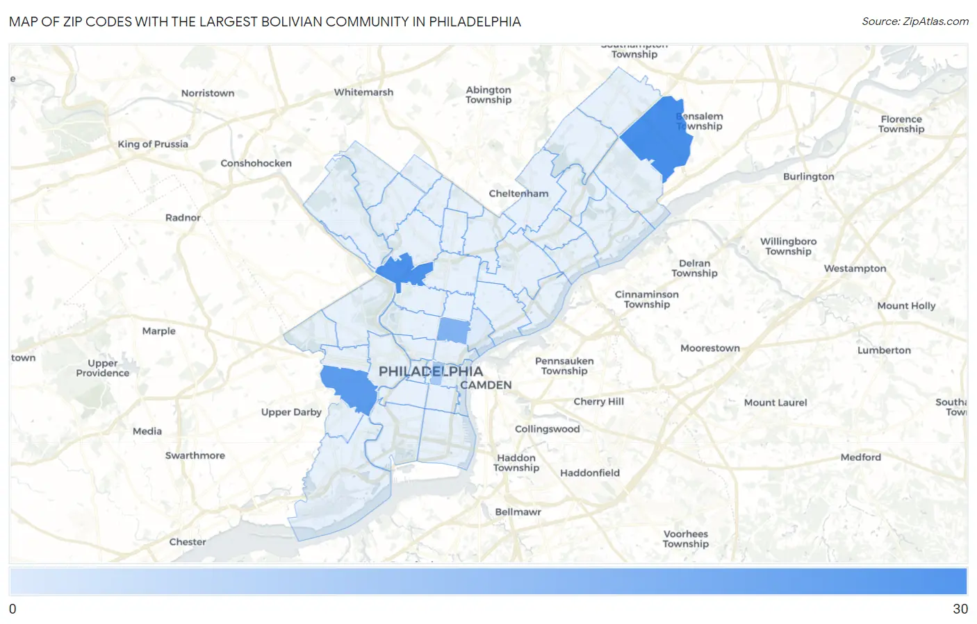 Zip Codes with the Largest Bolivian Community in Philadelphia Map