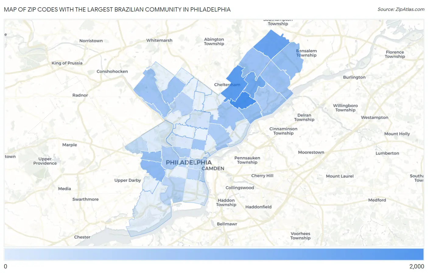 Zip Codes with the Largest Brazilian Community in Philadelphia Map
