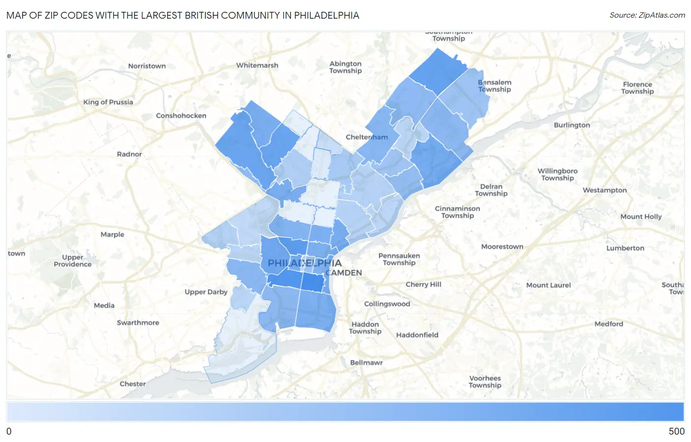 Zip Codes with the Largest British Community in Philadelphia Map