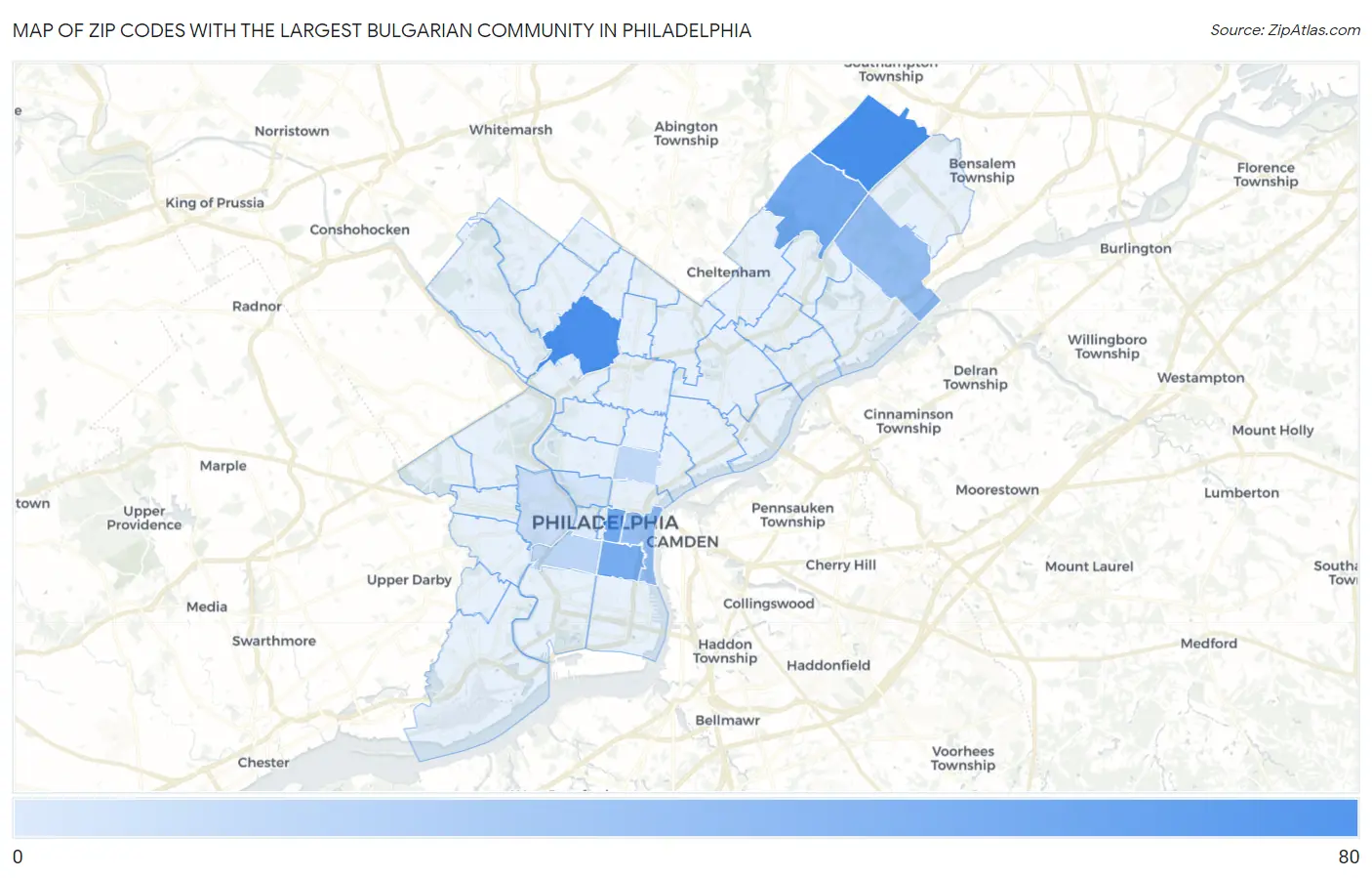 Zip Codes with the Largest Bulgarian Community in Philadelphia Map