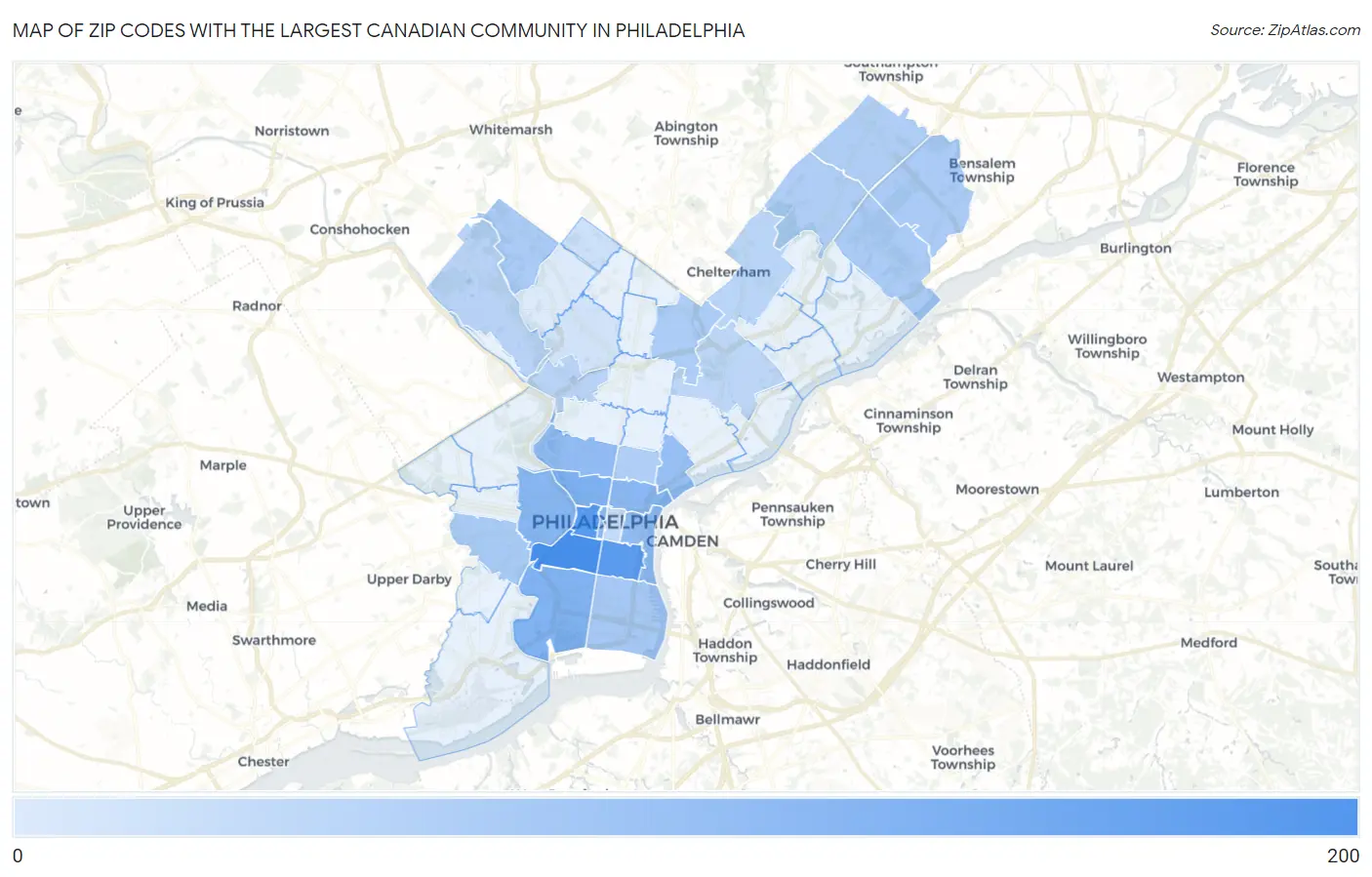 Zip Codes with the Largest Canadian Community in Philadelphia Map