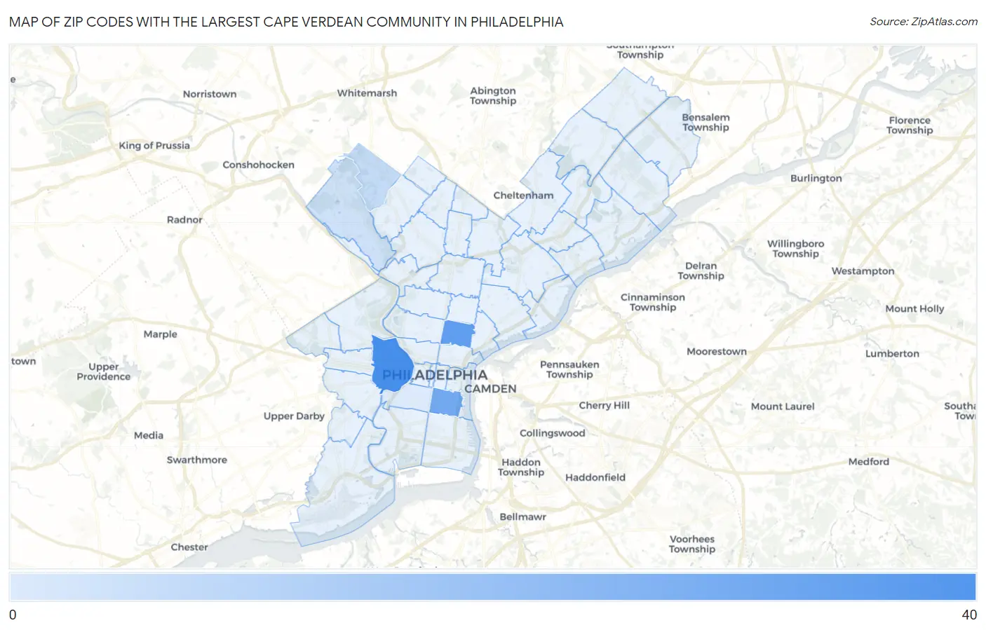 Zip Codes with the Largest Cape Verdean Community in Philadelphia Map