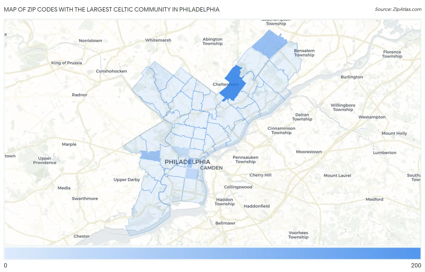 Zip Codes with the Largest Celtic Community in Philadelphia Map
