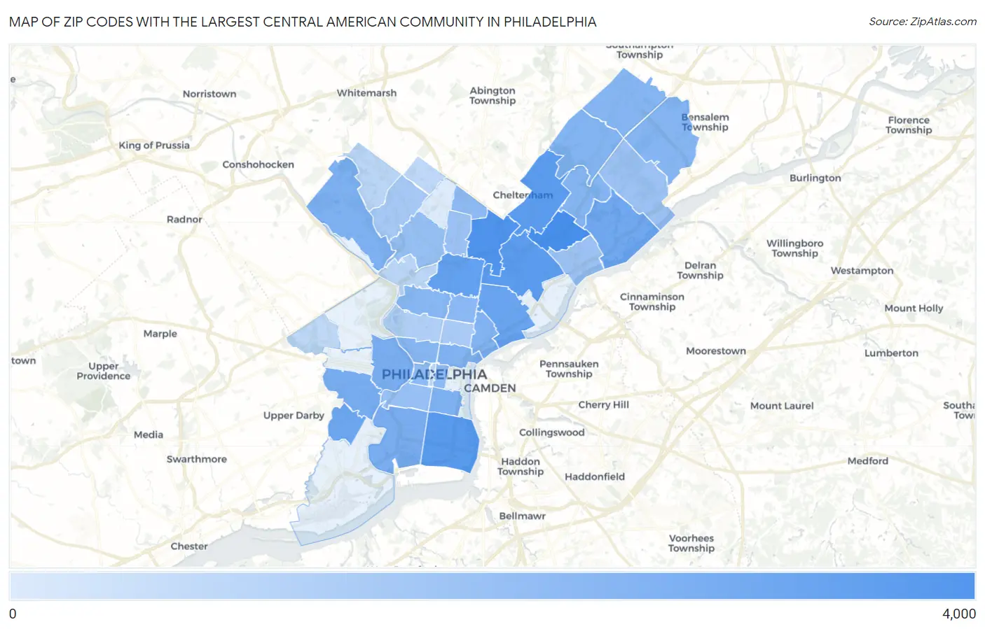 Zip Codes with the Largest Central American Community in Philadelphia Map
