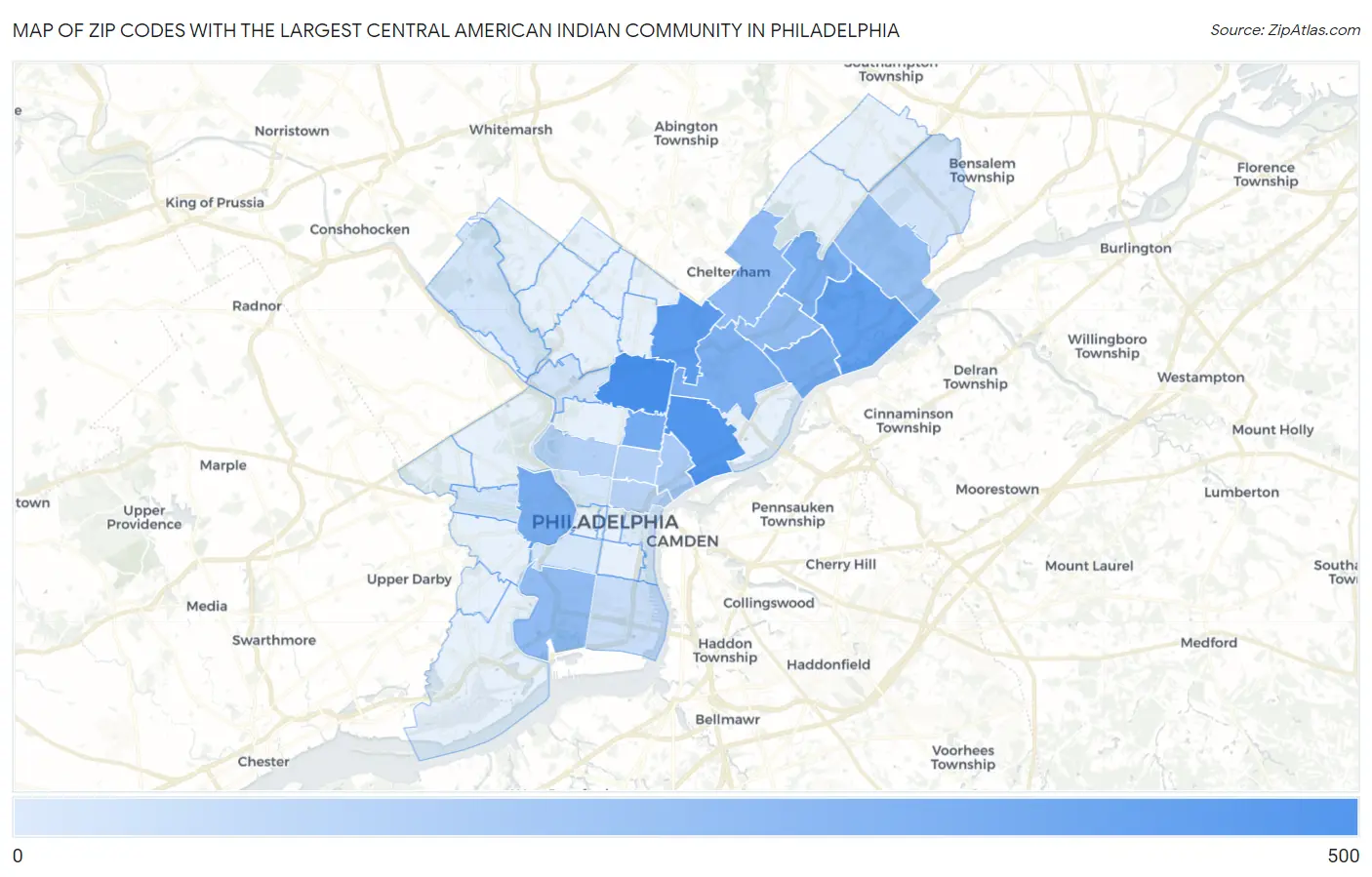 Zip Codes with the Largest Central American Indian Community in Philadelphia Map