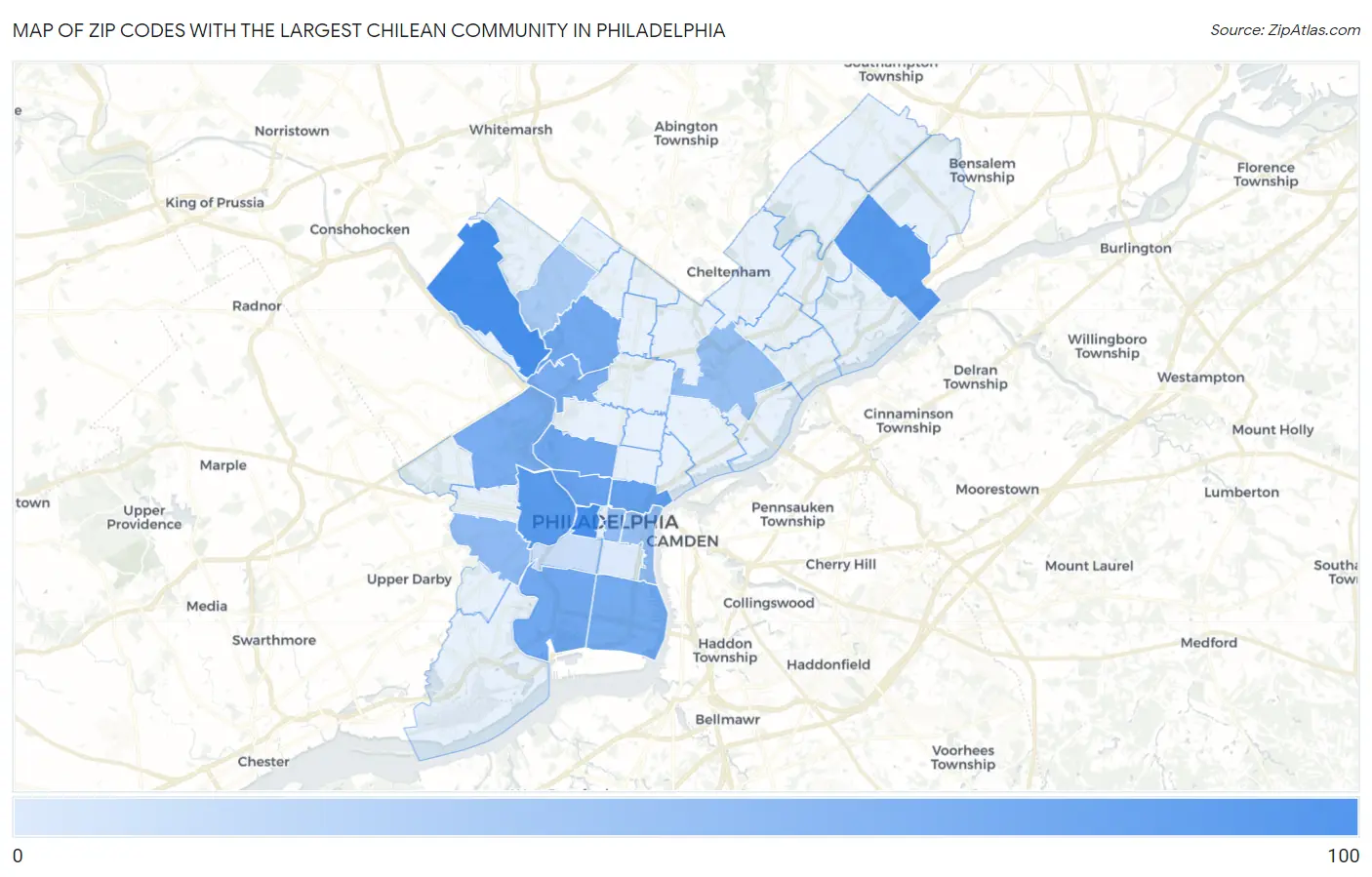 Zip Codes with the Largest Chilean Community in Philadelphia Map