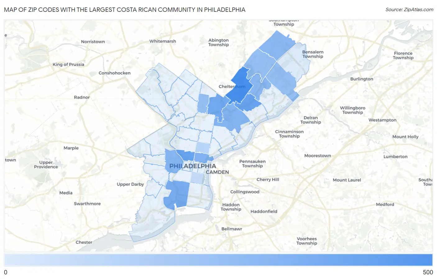 Zip Codes with the Largest Costa Rican Community in Philadelphia Map