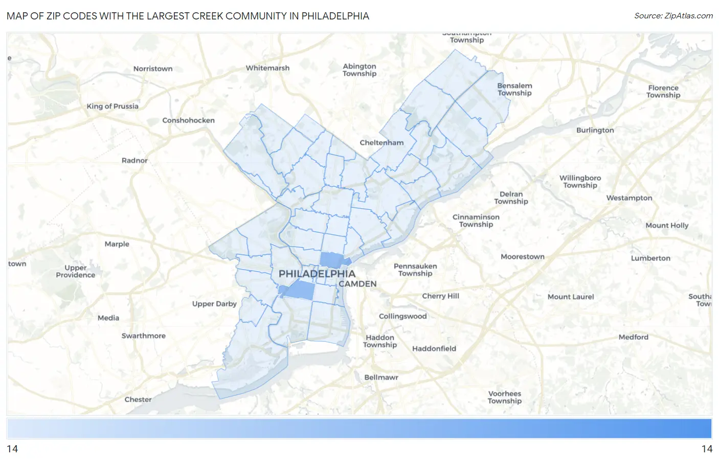 Zip Codes with the Largest Creek Community in Philadelphia Map