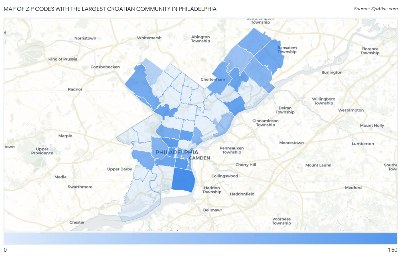 Zip Codes with the Largest Croatian Community in Philadelphia Map
