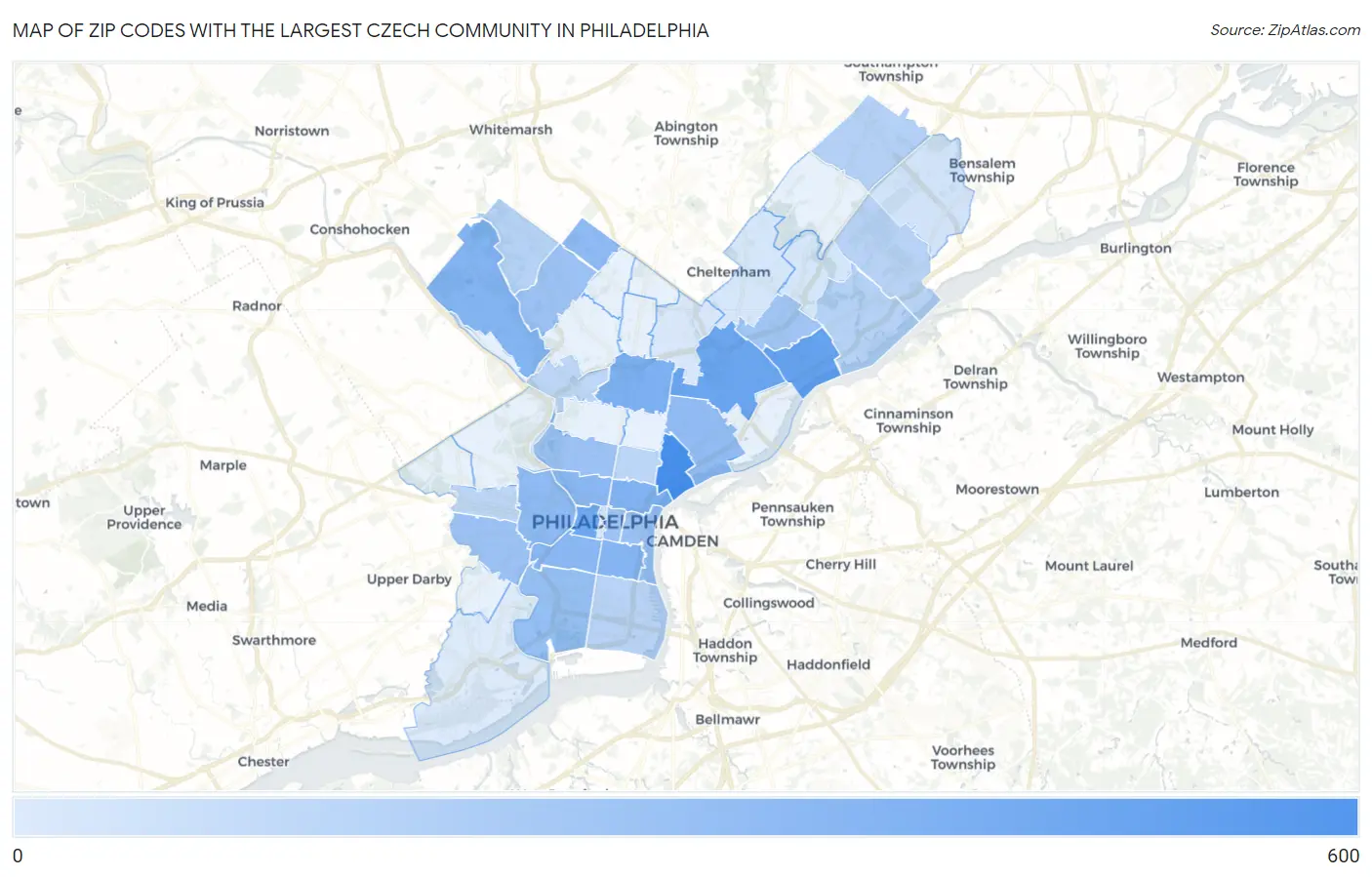 Zip Codes with the Largest Czech Community in Philadelphia Map