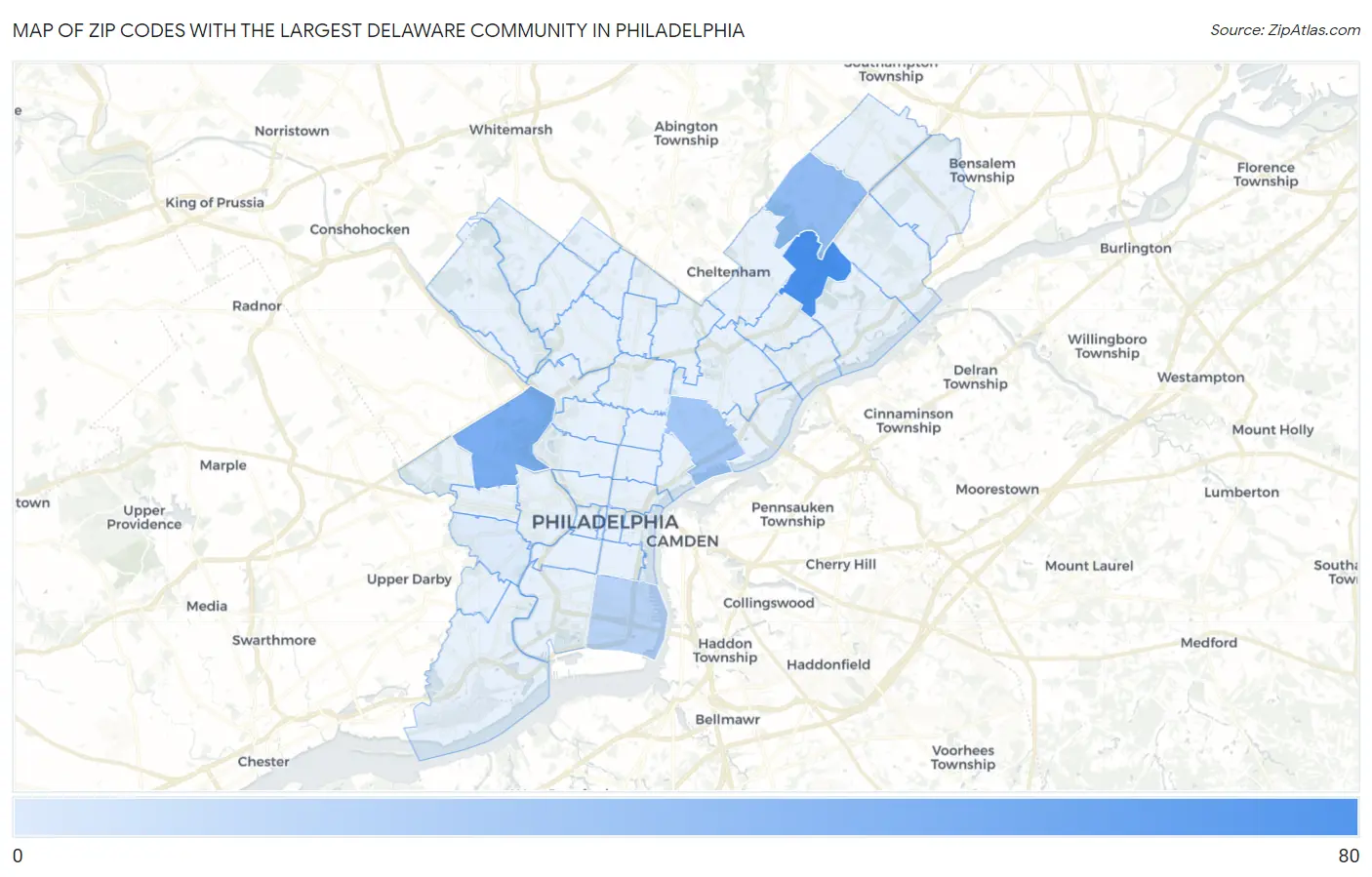 Zip Codes with the Largest Delaware Community in Philadelphia Map