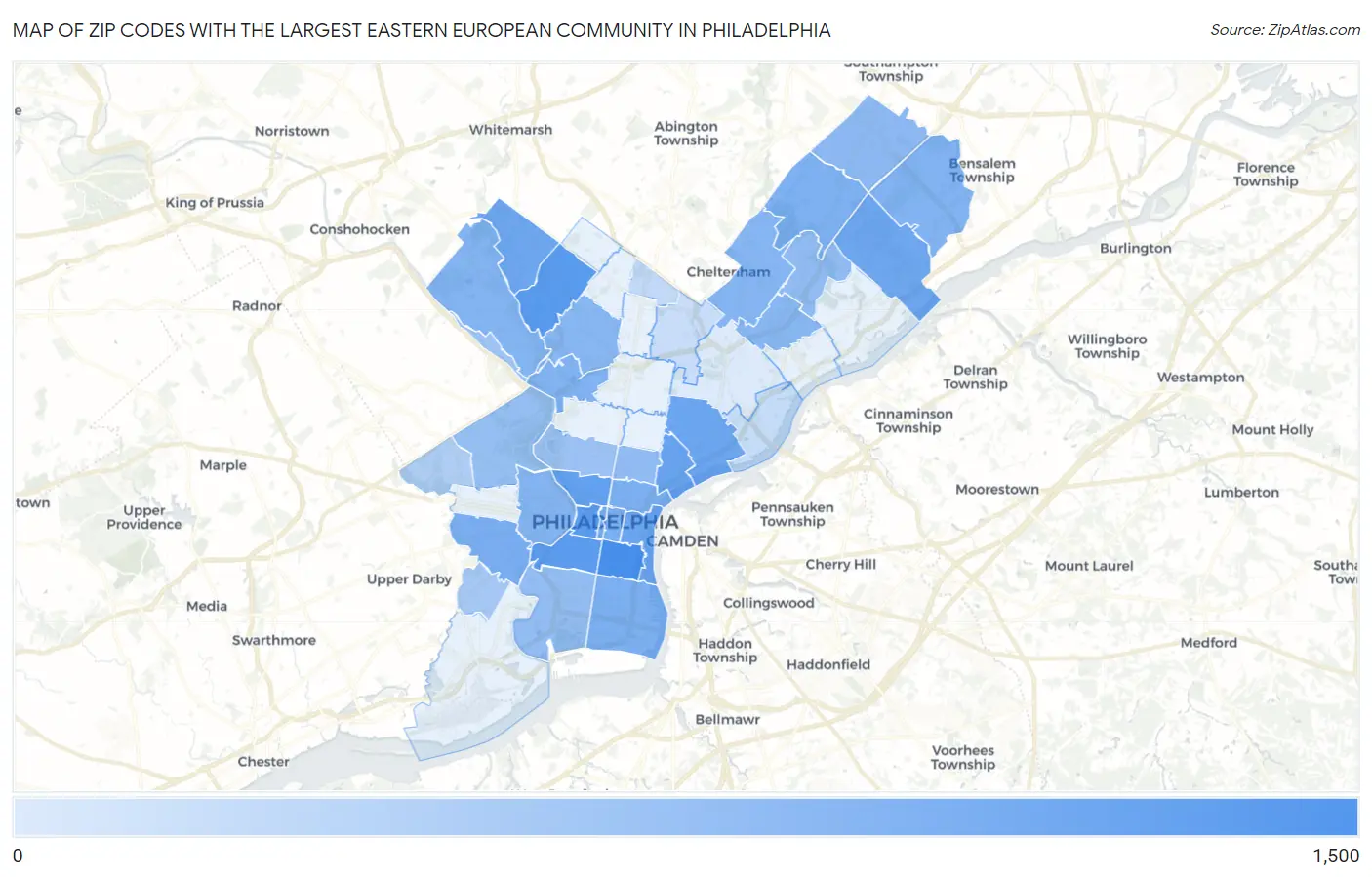 Zip Codes with the Largest Eastern European Community in Philadelphia Map