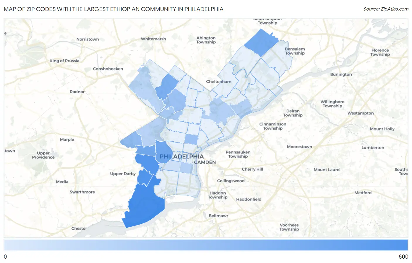 Zip Codes with the Largest Ethiopian Community in Philadelphia Map